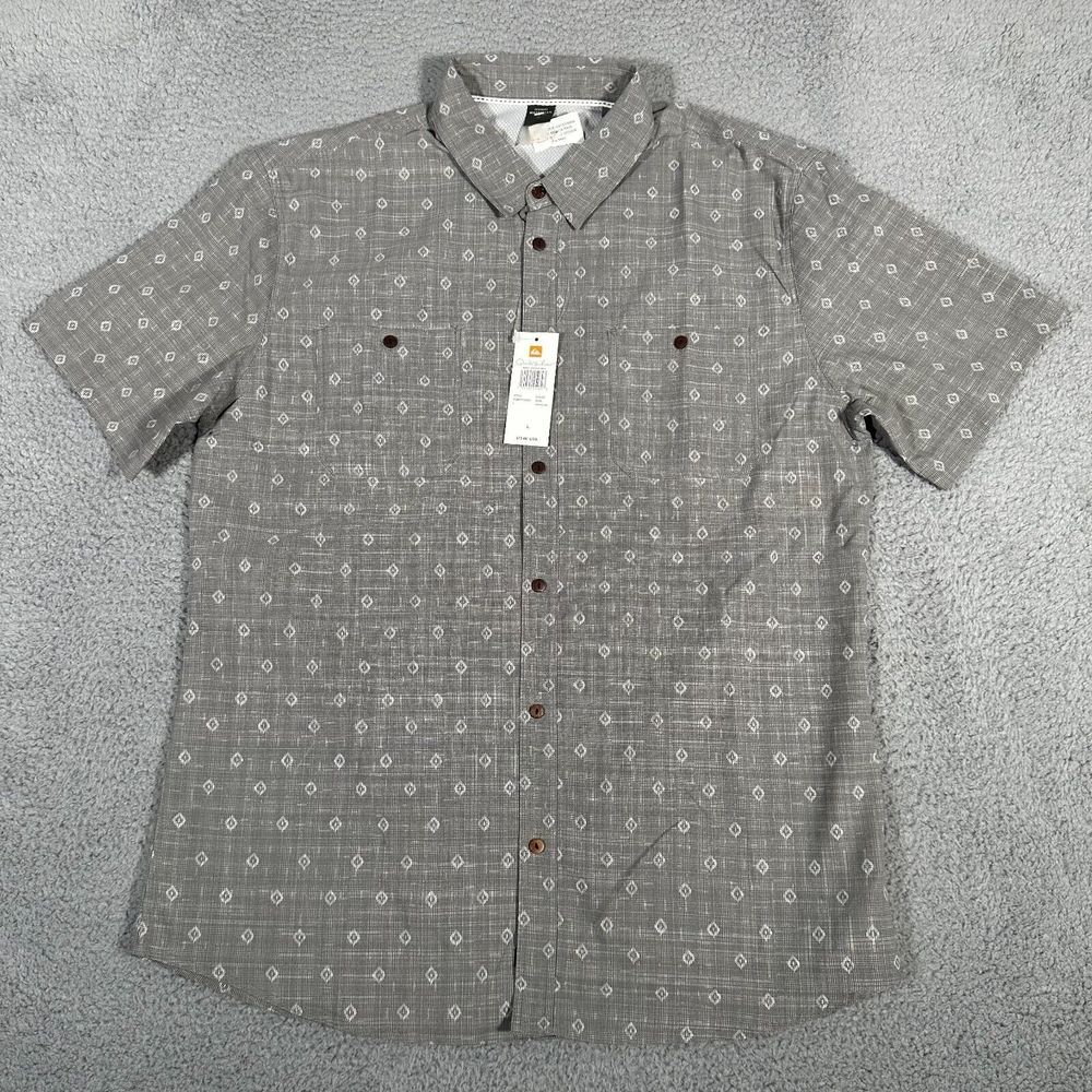Quiksilver Shirt Mens Large Gray Print Waterman Button Up‎ Wake Manoa Rain New
